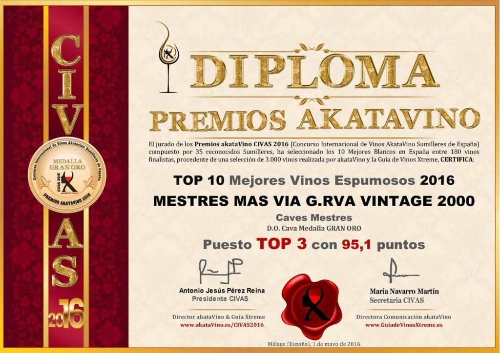 Diploma TOP 10 Mejores Espumosos 2016 Premios AkataVino CIVAS