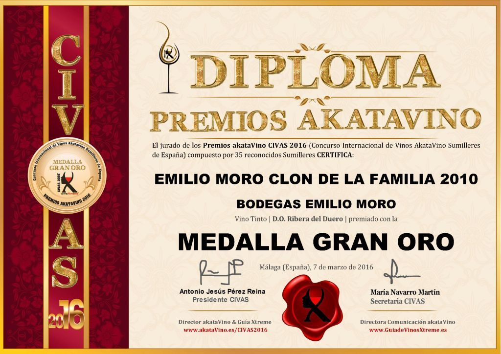Emilio Moro Clon de la Familia 2010 Diploma Medalla GRAN ORO CIVAS 2016 © akataVino.es